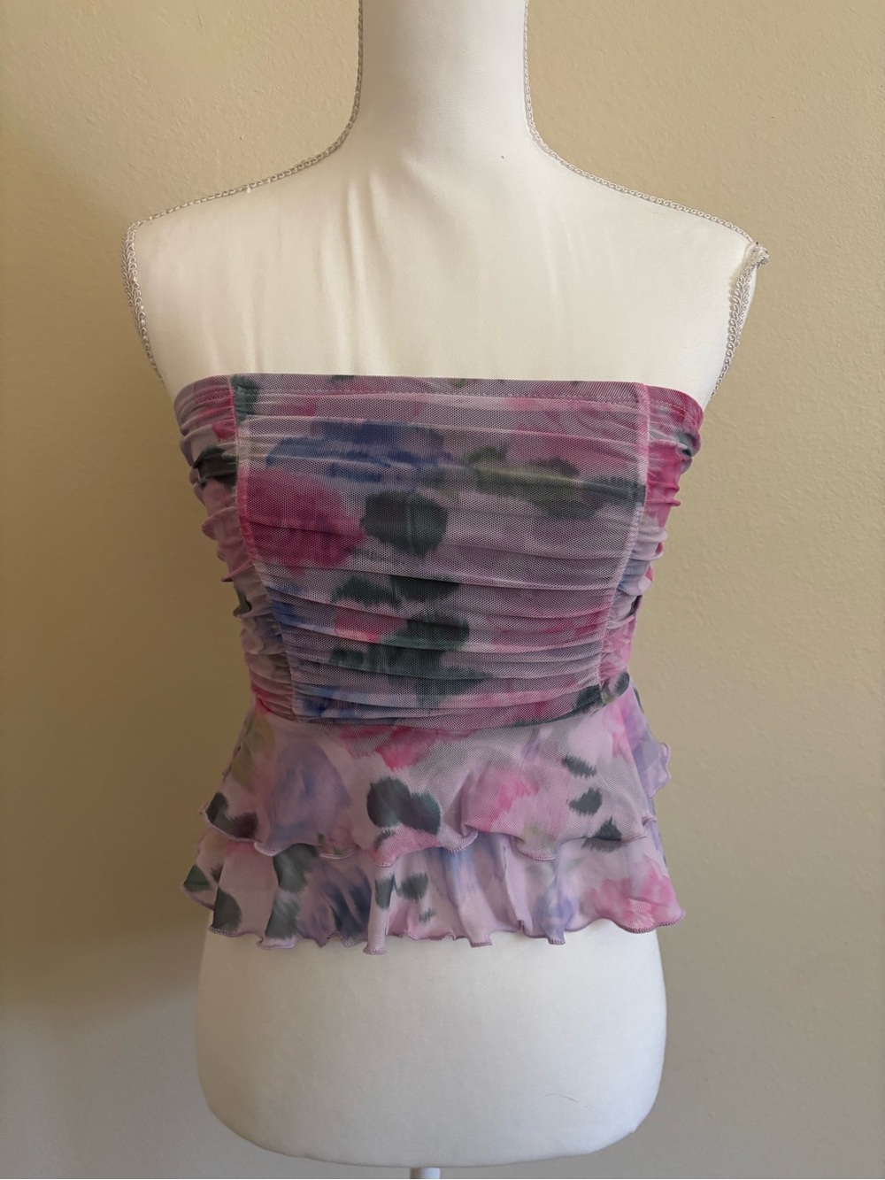 Strapless Floral Ruffle Crop Top - Pink Lavender